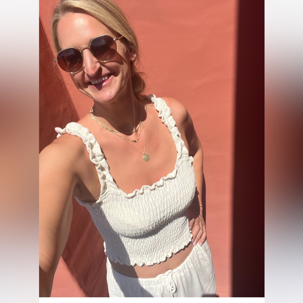 Sadie & Sage White Smocked Ruffle Strap Crop Top